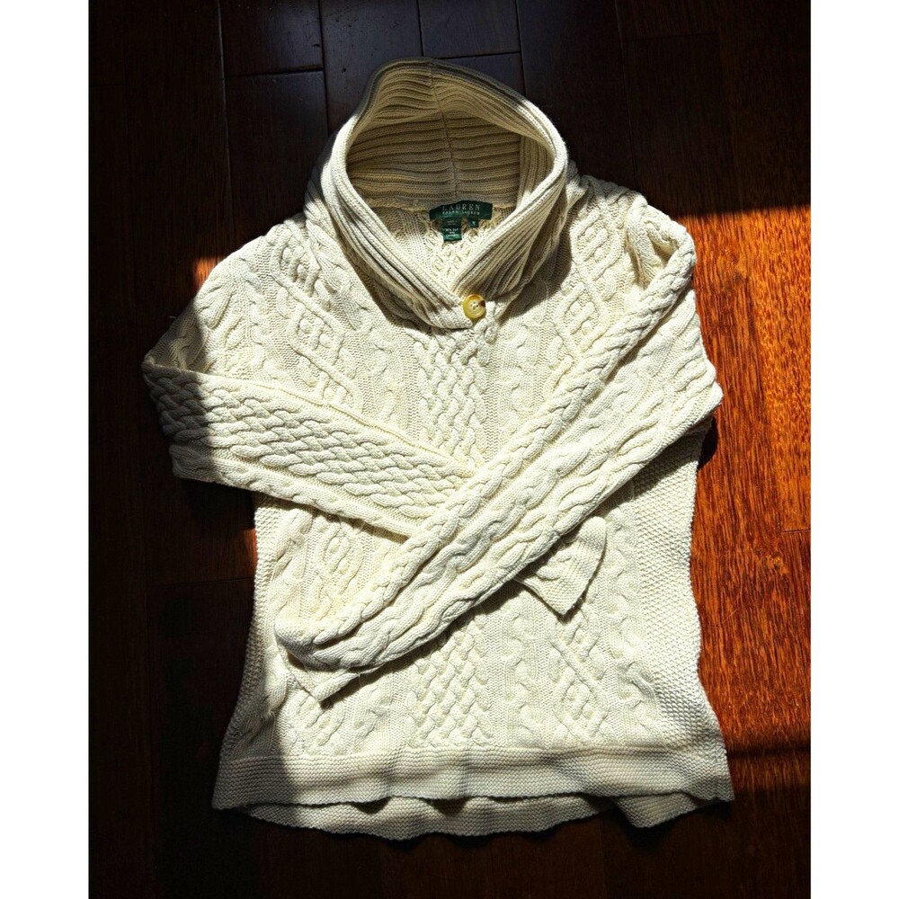 Lauren Ralph Lauren Silk Cashmere Cable Knit Shawl Collar Button Raglan M